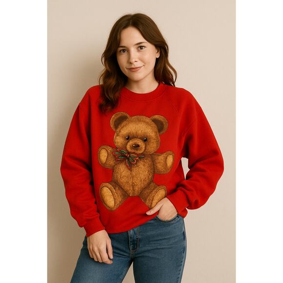 Vintage Teddy Bear Sweatshirt Size L Red Pullover Fruit of Loom 90s Mom Granny - Picture 1 of 16